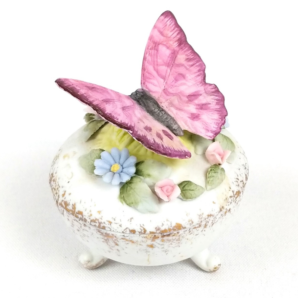 Vintage Lefton's Japan Porcelain Butterfly Dish Trinket Holder Footed Pink White